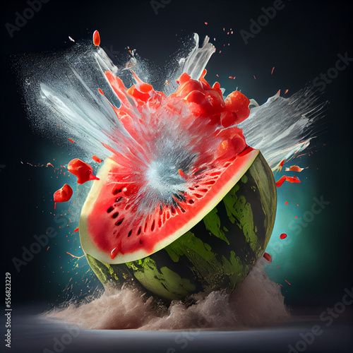 Watermelon explosion, action shot of tasty watermelon going boom, generative ai