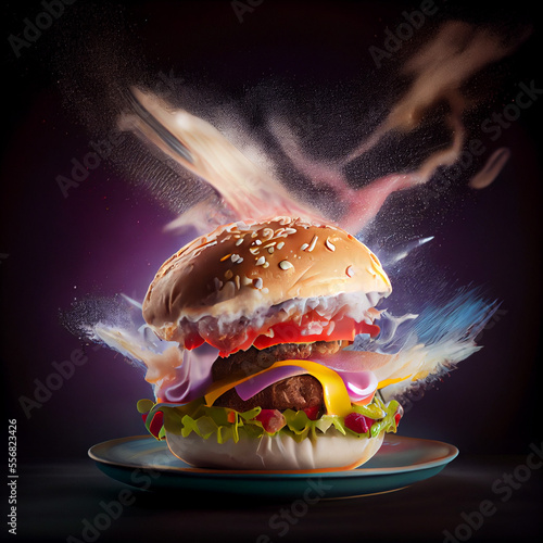 Hamburger explosion, action shot of tasty burger going boom, generative ai photo