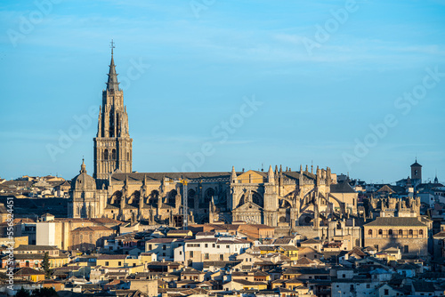 Views of the city of Toledo and its Cathedral during sunrise on a sunny and clear day