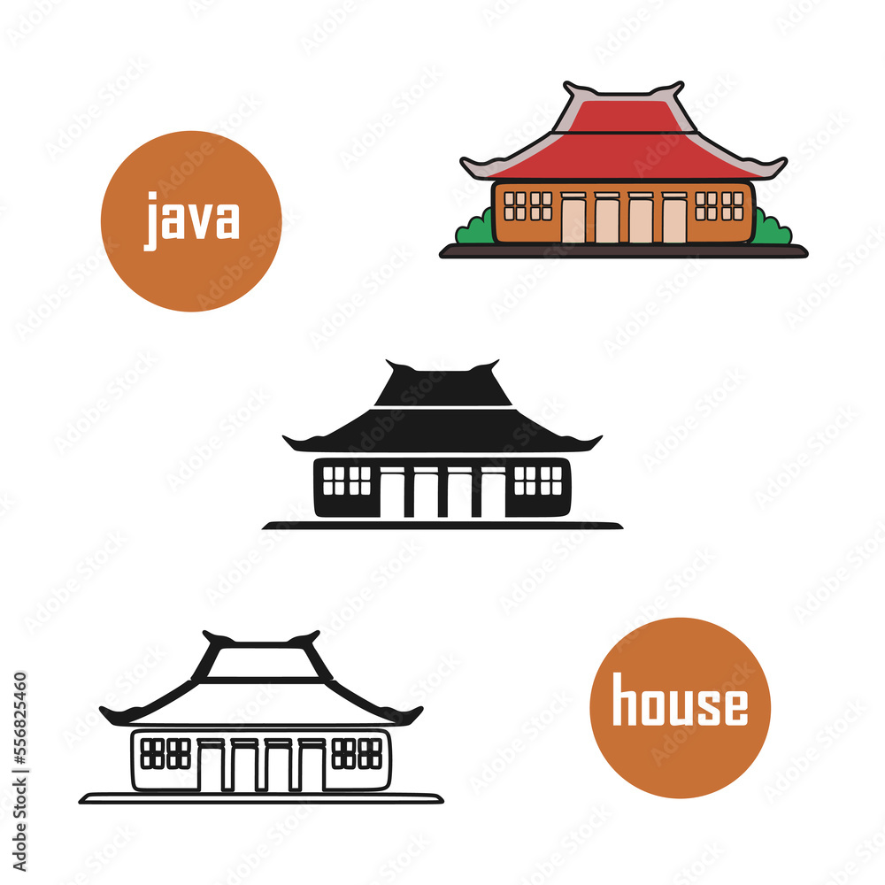 vector illustration, typical Indonesian Javanese house in 3 models, color, silhouette and border, flat cartoon design style.
