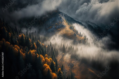 Fotografering amazing photo of thick clouds descending on a heavily wooded mountain slope in t