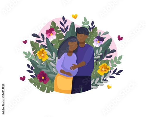 faceless happy young married couple expecting a baby. A pregnant woman with husband with leaves and flowers. Flat vector illustration isolated on white backgroud