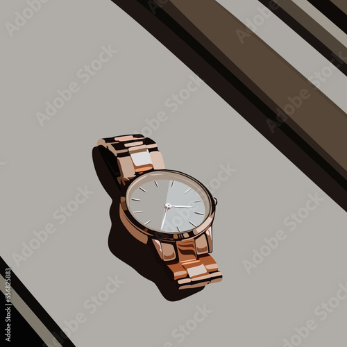 Vector illustration of stylish wrist watch beside window, flat cartoon design style.