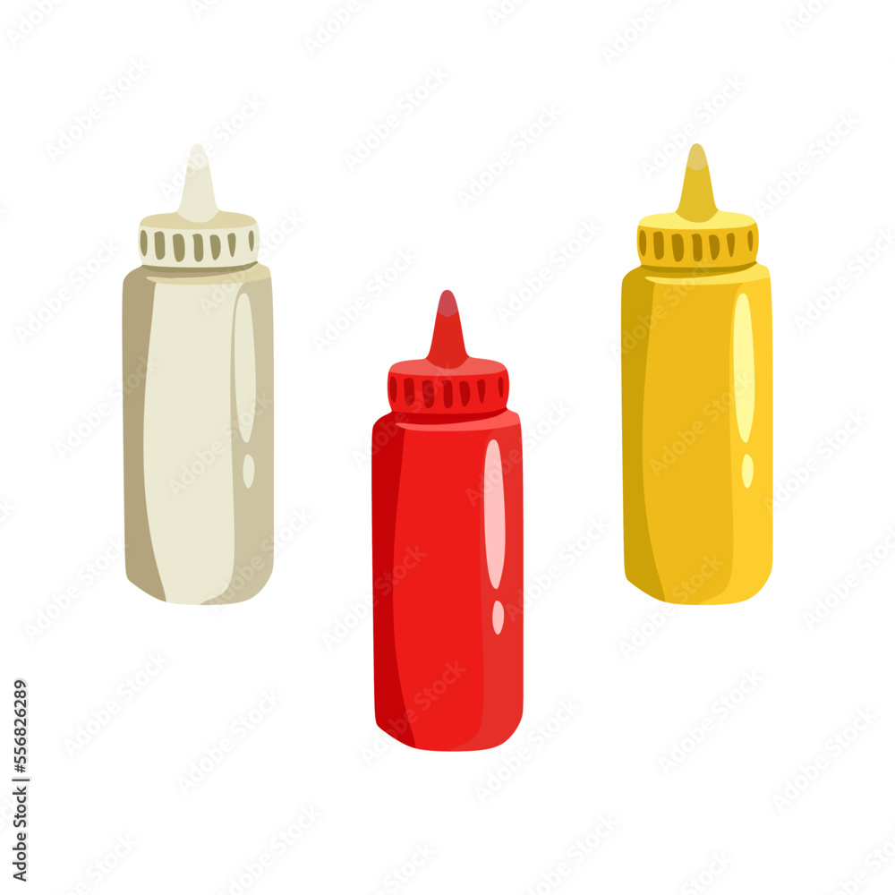 vector illustration of 3 bottles of chili sauce and mayonnaise, red yellow white, flat cartoon design style. vector illustration of 3 bottles of chili sauce and mayonnaise, red yellow white, flat cartoon design style.