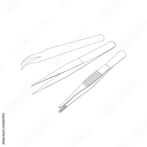 vector illustration, three types of tweezers outline sketch, semi realistic flat cartoon design style.