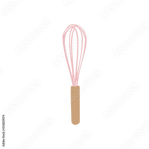 Vector illustration of pink modern egg beater with wooden handle, in trendy flat cartoon design style. Editable graphic resources for many purposes.