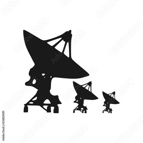 Vector illustration, silhouette of satellite dish antenna receiving space radio signal, semi-realistic flat design style.