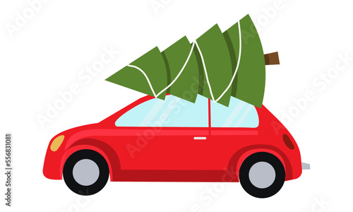Christmas red car with a tree on roof top vector Illustration.