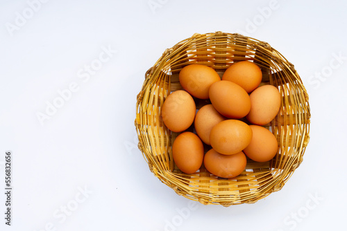 Fresh eggs on white background. Copy space