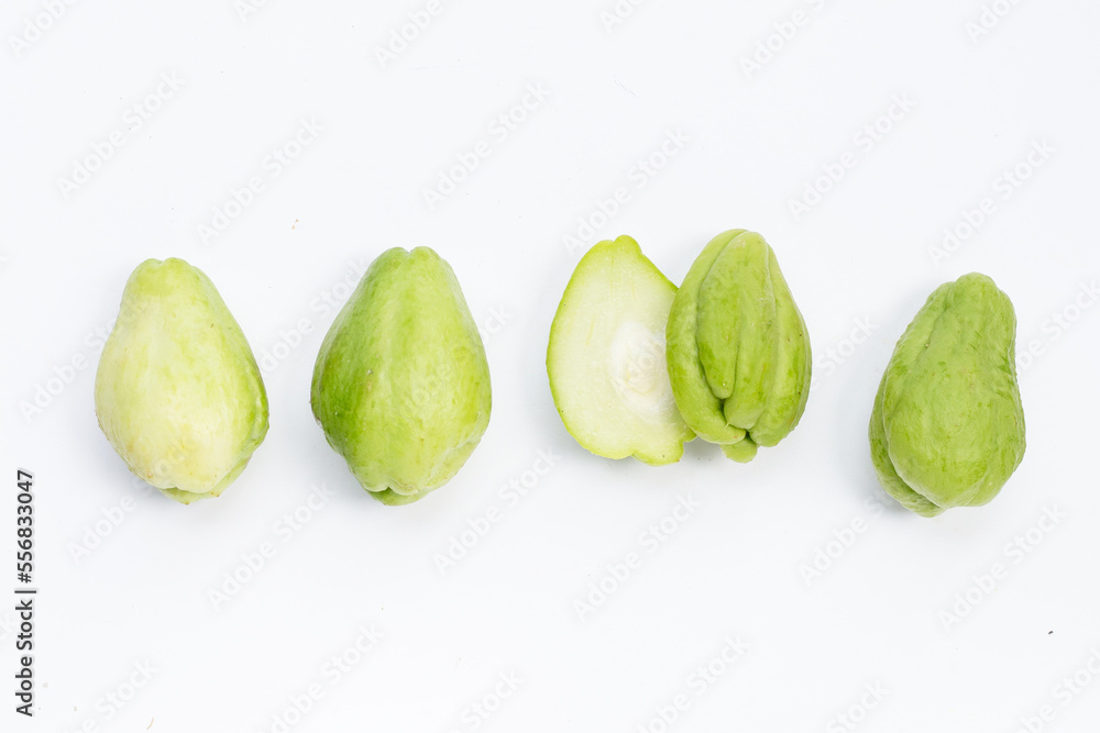 Fresh chayote fruit on white background.