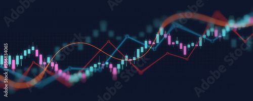 Financial graph with trend line candlestick chart in stock market on neon color blurred background 