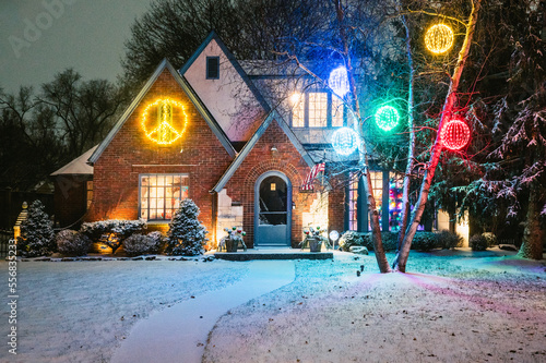 A house decorated for Christmas in a middle class neighborhood.