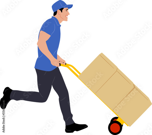 Hand-drawn worker with the package. Delivery guy holding cadboard box. Male worker running with cart for cargo. Vector illustration isolated on white. Full-length