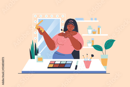 Makeup routine concept with people scene in flat design. Woman makes face visage using powder, eyeshadow and brushes and standing near mirror. Vector illustration with character situation for web
