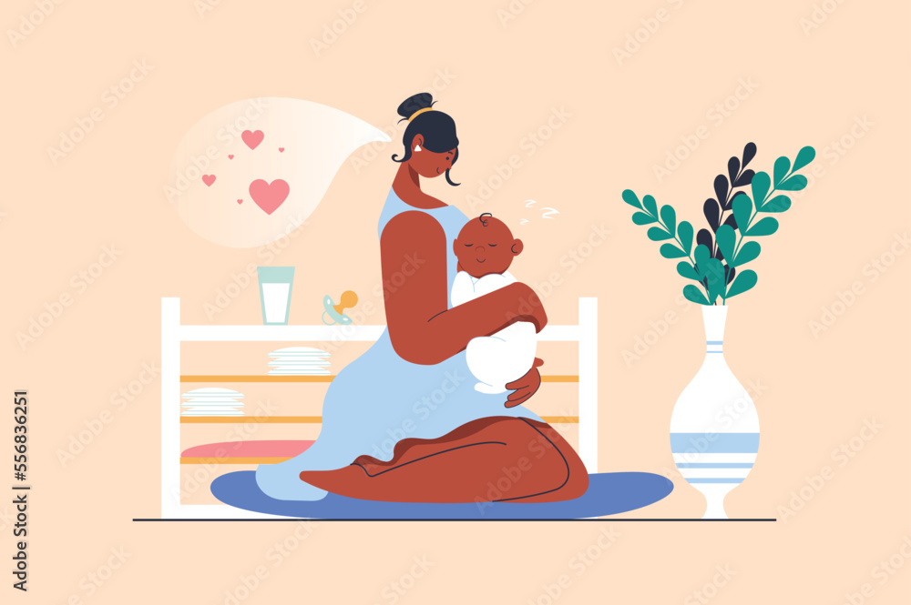 Motherhood concept with people scene in flat design. Young mother holding and hugging little newborn baby, enjoys her maternity and child care. Vector illustration with character situation for web Motherhood concept with people scene in flat design. Young mother holding and hugging little newborn baby, enjoys her maternity and child care. Vector illustration with character situation for web