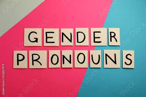 Paper notes with words Gender Pronouns on color background, flat lay