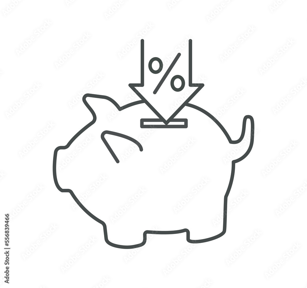Marketing piggy bank line icon. Discounts and promotions, loyalty program, bonus accumulation system. Financial literacy and cost reduction. Interface for programs. Cartoon flat vector illustration