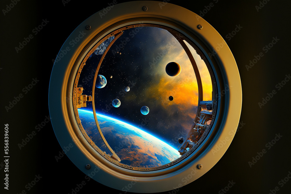 Spaceship window view. Porthole from rocket to dark sky with Earth, stars, planets. Shuttle with round glass window. Spaceship exploration or universe traveling. Created with Generative AI technology. Spaceship window view. Porthole from rocket to dark sky with Earth, stars, planets. Shuttle with round glass window. Spaceship exploration or universe traveling. Created with Generative AI technology.