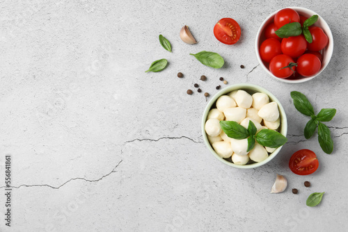 Delicious mozzarella balls in bowl, tomatoes and basil leaves on light gray textured table, flat lay. Space for text