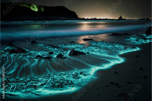 Bioluminescent waves beach at night