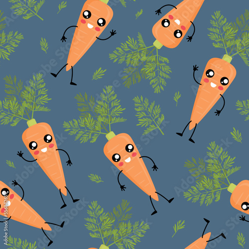 Seamless pattern with cute kawaii carrots. Childish funny vector illustration for fabric, wallpaper, and background.