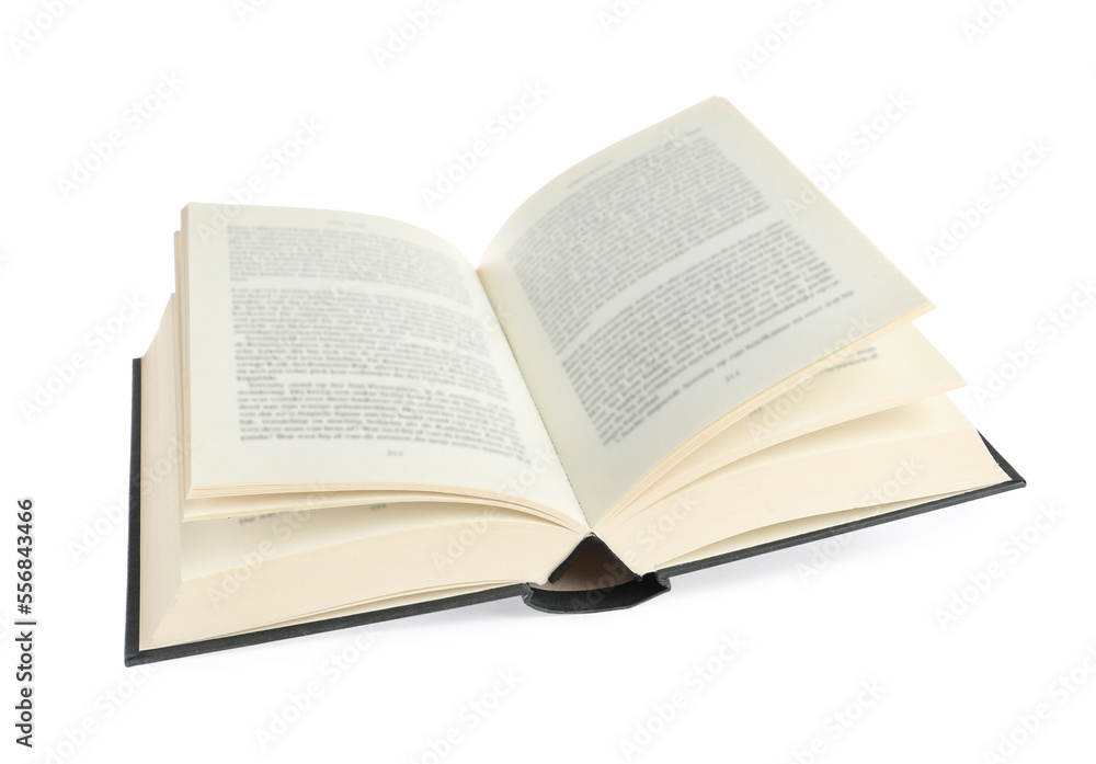 Open black hardcover book isolated on white Open black hardcover book isolated on white
