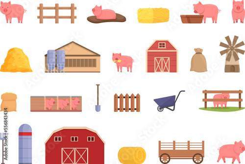 Pig farm icons set cartoon vector. Pork animal. Swine hog