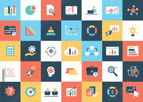 Analytics icons set. Collection of graphic elements for website. Working with information and infographics, graphs and charts. Cartoon flat vector illustrations isolated on colorful background