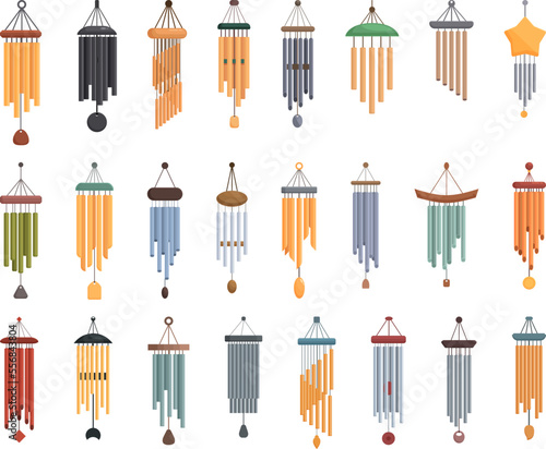 Wind chime icons set cartoon vector. Wood gold. Home music