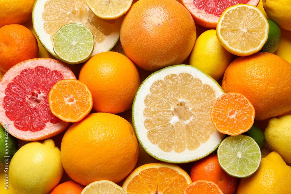Different ripe citrus fruits as background, top view Different ripe citrus fruits as background, top view