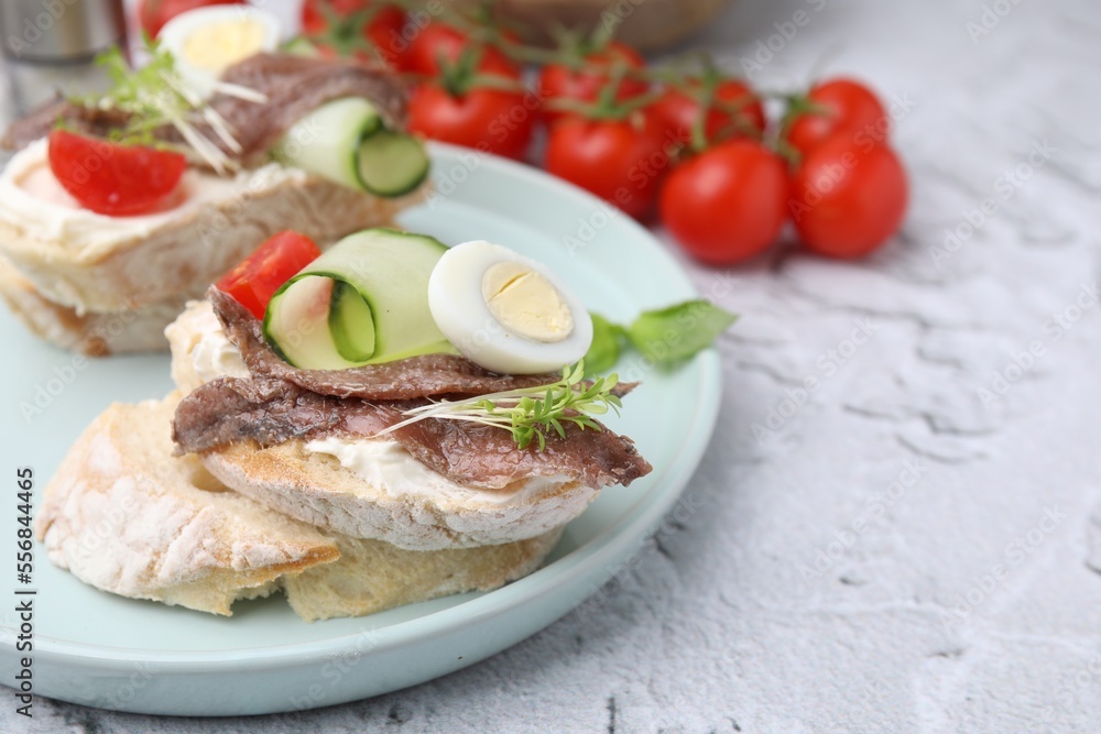 Delicious bruschettas with anchovies, tomato, cucumber, egg and cream cheese on white textured table. Space for text