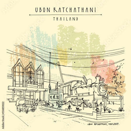 Vector Ubon Ratchathani Thailand postcard. Train station and old locomotive. Historical buildings in Ubon Ratchathani province in Northeastern Thailand (Isan). Travel sketch. Hand drawn vintage poster photo