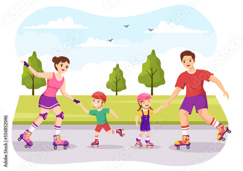 Kids Riding Roller Skates in City Park for Outdoors Activity, Sport Recreation or Weekend Leisure in Flat Cartoon Hand Drawn Templates Illustration