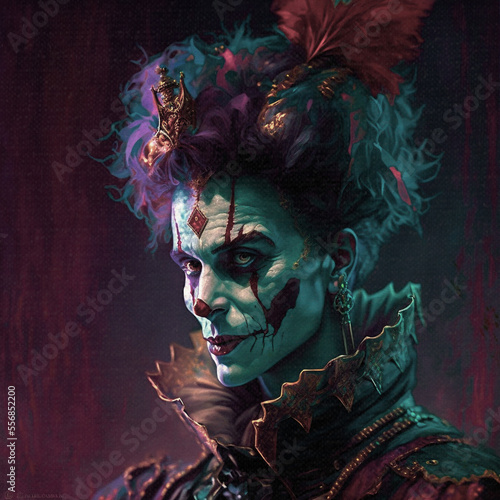 Scary carnival character. This is a composite of an AI-generated image with other digital media such as digital painting or photoshop