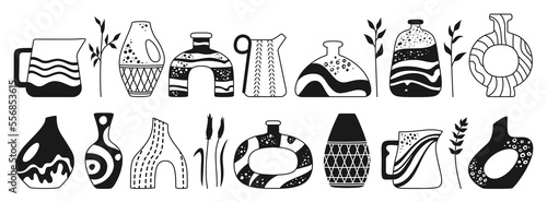 Vase shape and ceramic pot, jug or jar bottles doodle stamp set. Cozy home decor handmade boho engraving pottery form. Abstract various vases stencil, hand drawn vessel. Trendy art concept vector