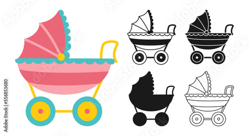 Baby carriage cartoon icon set. Pram baby stroller symbol line or silhouette, cute simple collection. Newborn kids nursery accessory objects. Birthday child memory scrapbook kit vector illustration