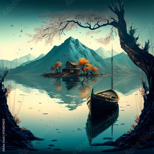 The boat near the sakura leaves fall on the background of the mountains in autumn