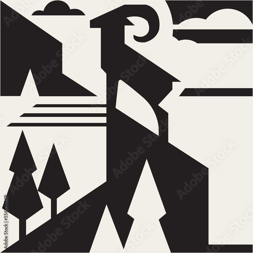 animals on a rocky hill with a view of the hills and trees in a flat design style 