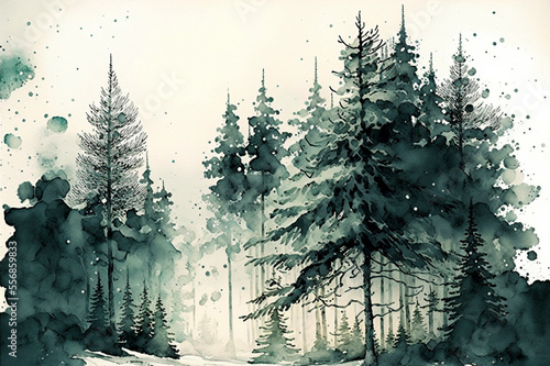 Watercolor landscape. Coniferous forest and morning fog. Created with Generative AI technology.