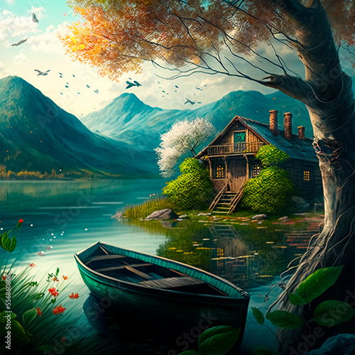 Boat with oak trees on the lake house against the backdrop of mountains