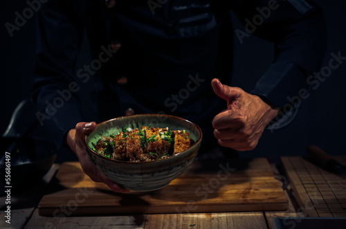 Japanese Katsudon Food, pork cutlet rice bowl ,Dark Tone