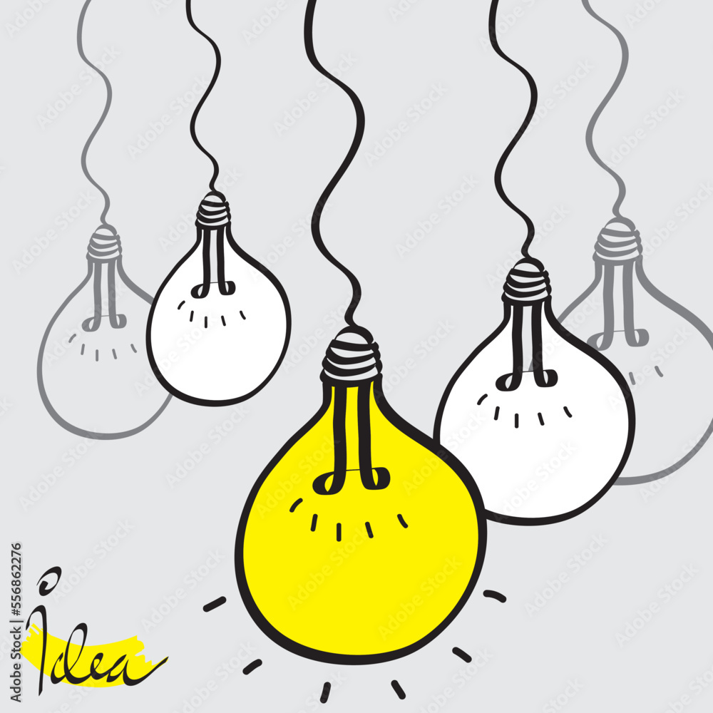 Light bulb with shining light. Cartoon style. Flat style. Hand drawn style. Doodle style. Symbol of creativity, innovation, inspiration, invention and ideas. Vector illustration Light bulb with shining light. Cartoon style. Flat style. Hand drawn style. Doodle style. Symbol of creativity, innovation, inspiration, invention and ideas. Vector illustration
