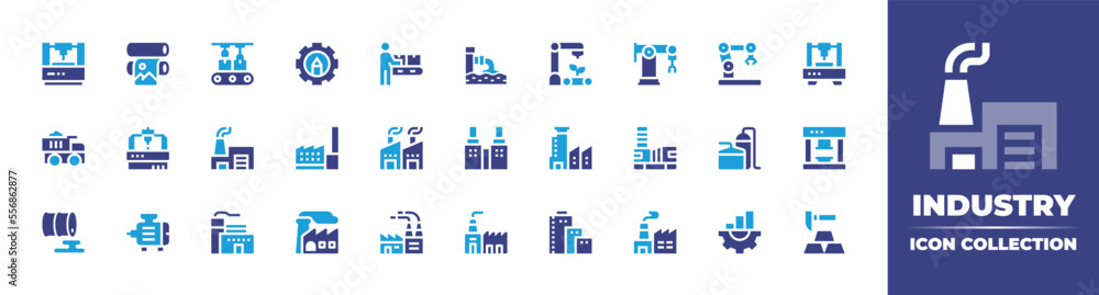 Industry icon collection. Duotone color. Vector illustration. Containing laser, print, conveyor belt, engineering, production, waste water, robotic arm, truck, milling machine, factory, and more.