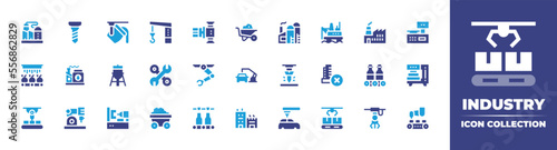 Industry icon collection. Duotone color. Vector illustration. Containing refinery, drill, metallurgy, crane, pump, wheelbarrow, factory, oil platform, industrial scale, wash, oil factory, and more.