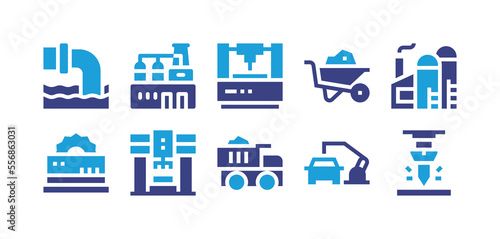 Industry icon set. Duotone color. Vector illustration. Containing spill, factory, laser, wheelbarrow, cutter, industrial robot, truck, robot arm, milling.