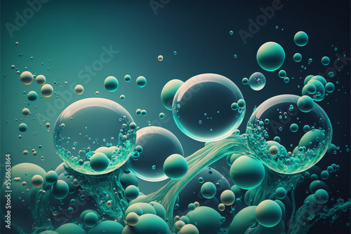 Sfondo blu e verde gradient in stile frutiger aero con bolle di sapone e acqua generato dall AI