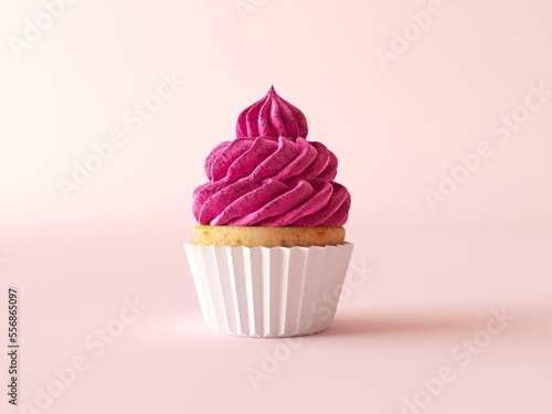 Vanilla Cupcake with buttercream icing isolated on light pink background. Frosted cupcakes with tasty pink cream. 3d illustration cutout, copy space, front view. Red wrapped cream cake, creamy sweet