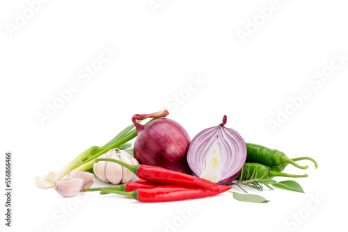 Onions garlic green peppers Rosemary basil condiment Spicy spices healthy food are isolated on white background as a design element.