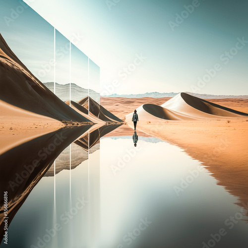 Desert girl illustration among the mirrors and dunes of purgatory