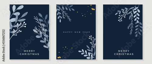 Set of christmas and happy new year holiday card vector. Decorative element of watercolor holly  mistletoe and pine leaf branch with gold droplet. Design illustration for cover  banner  card  poster.